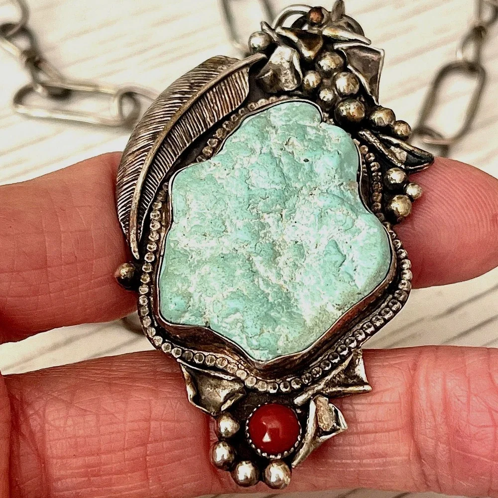 VTG Navajo Turquoise Pendant 2.5in Seafoam Nugget Paperclip Chain Necklace Old